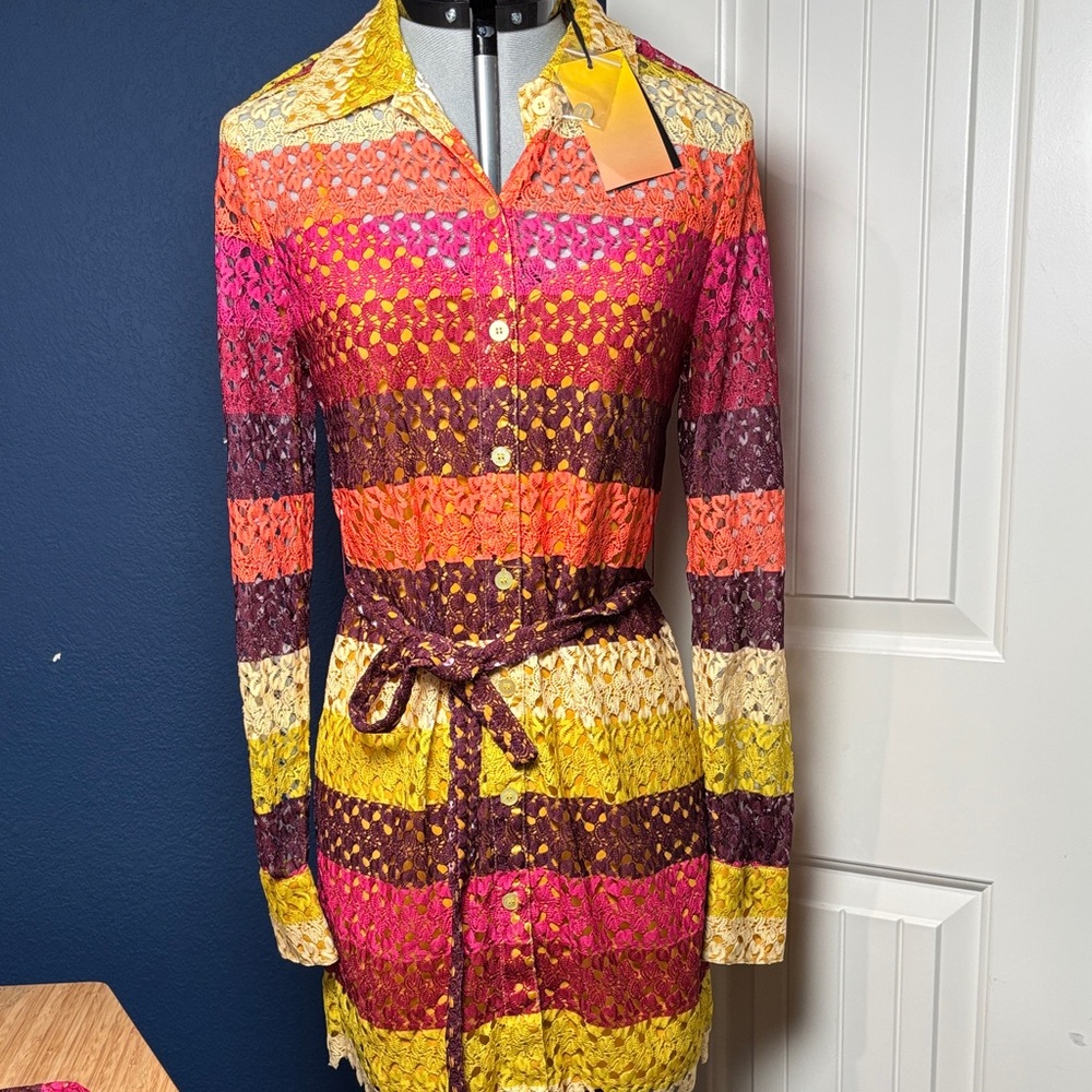 Le superbe Colorful Striped Lace Long Sleeve Dress
